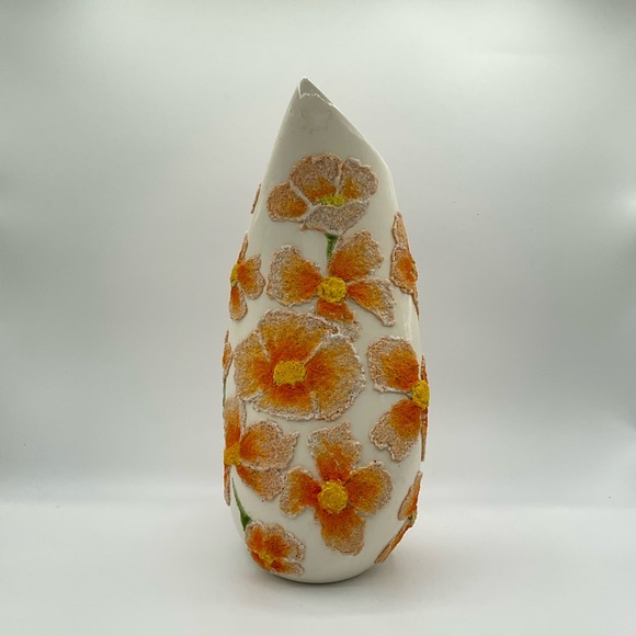 Vintage‎ Ceramic Vase Handmade 1987 Joan Muss Cream Orange Flowers Lava Textured - Picture 5 of 10